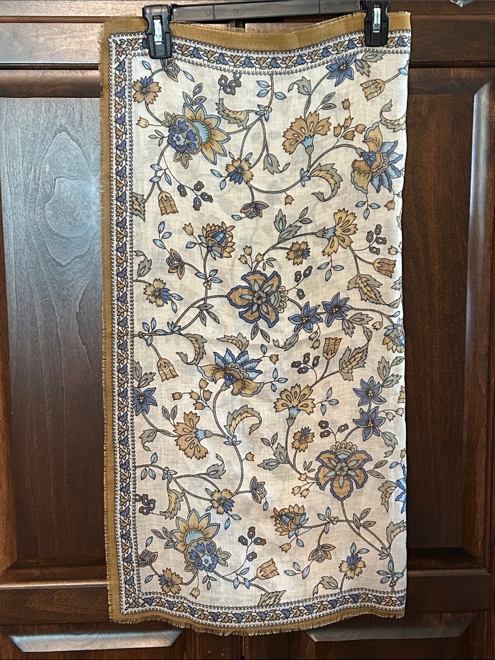 Specialty House 30” Italian Floral Print Scarf in Cream, Blue & Tan Raw Hem